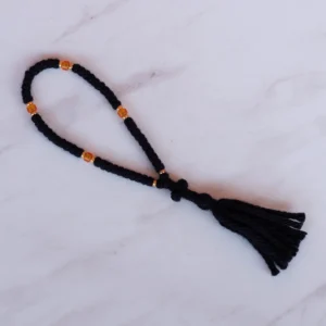 50 black woolen brojanica with orange beads and gold metal spacers unique design