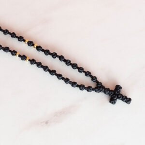 Cross finish of 50 knots black handmade chotki with gold beads