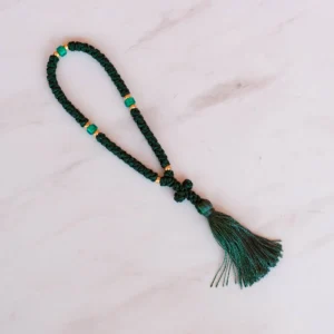 All handmade greek monastic prayer rope with green and gold beads, knotted cross and a wonderful tassel