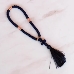 Traditional handmade greek monastic brojanica with blue floss and pink beads 50 knots