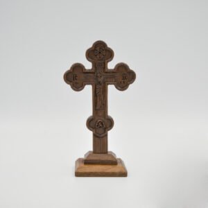 handmade engraved wooden cross with base and Christogram ΑΡΧΩ